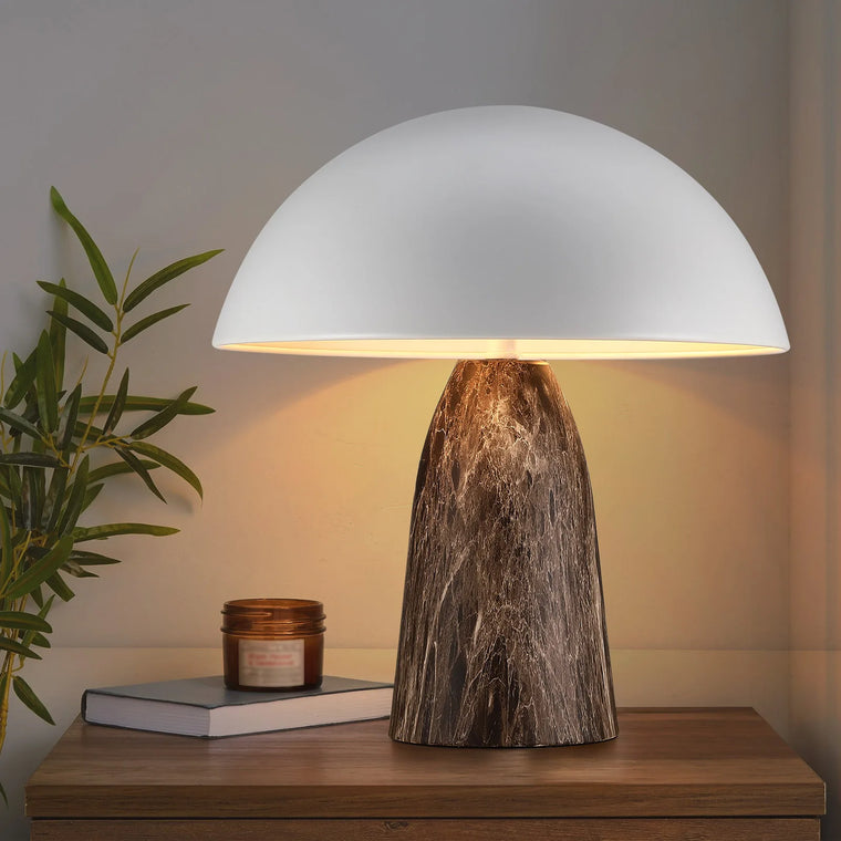 Lampe champignon, dôme blanc et pied effet marbre – Banon, pied marbré brun