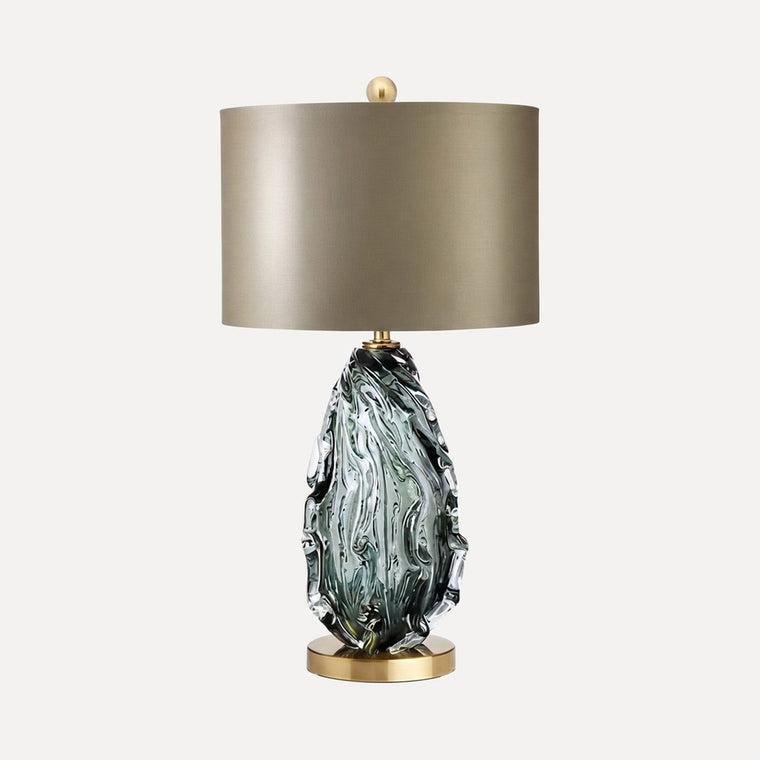 Bevagna, lampe à poser en verre soufflé coloré et abat-jour, Cristal vert facetté, abat-jour taupe