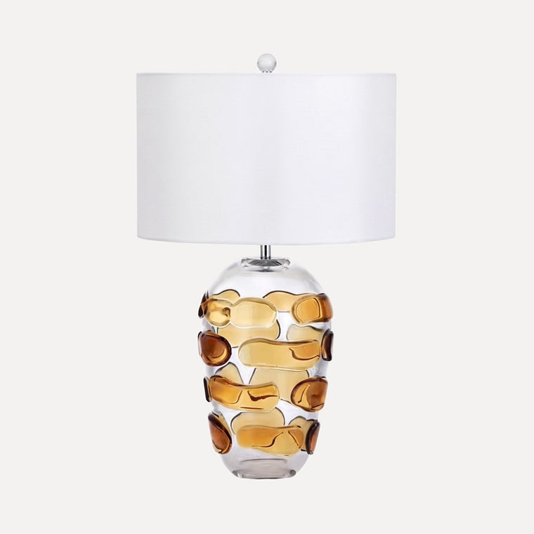 Bettona, lampe à poser verre clair à bulles ambrées, abat-jour blanc