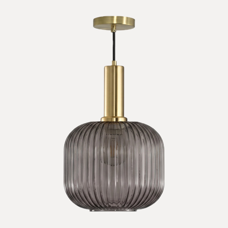 Dozza, suspension en verre strié fumé, boule Ø 20 cm, laiton