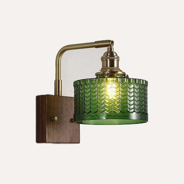 Labeaume, applique verre ciselé, bois et laiton, verre vert