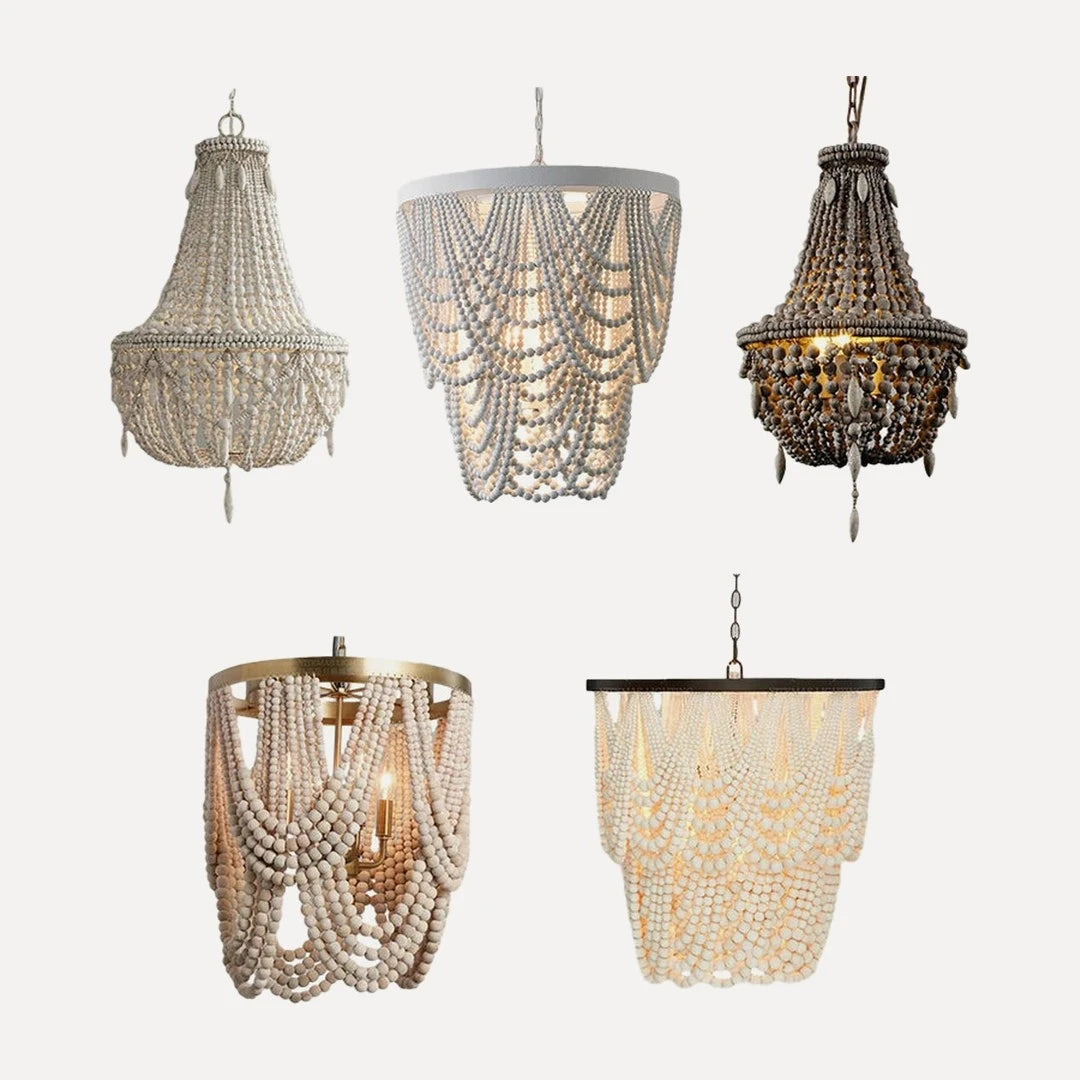 Lustre en perles de bois, corbeille, drapé ou plafonnier – Germolles