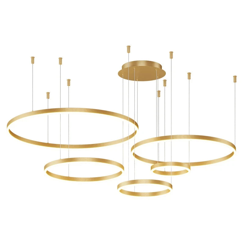 Suspension anneaux LED en métal, style moderne – Cascais, sur fond blanc