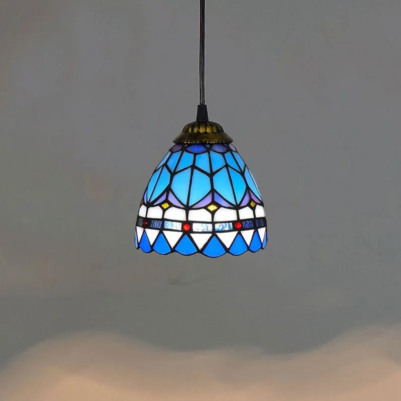 Suspension en verre vitrail coloré, style bohème – Céret, finition bleu ornemental