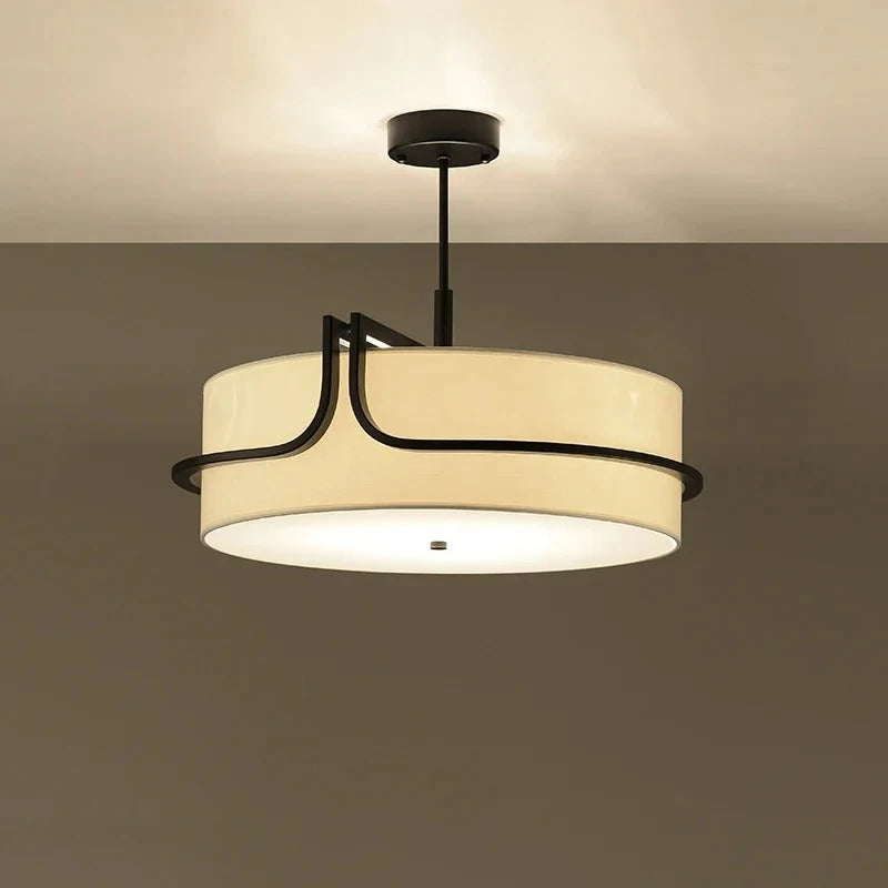 Suspension tambour en tissu et métal noir – Malmaison, finition ø 55 cm / Blanc chaud