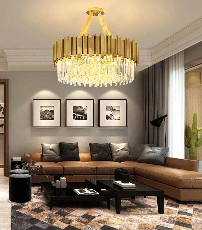 Lustre cristal et acier doré, Ø 40 ou 55 cm – Pompadour, vue d’ambiance