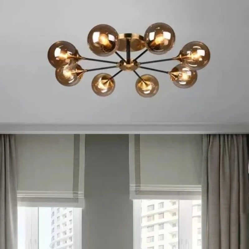 Plafonnier à bras et bulles de verre, 3 à 10 globes – Pigalle, finition 8 globes, ambré