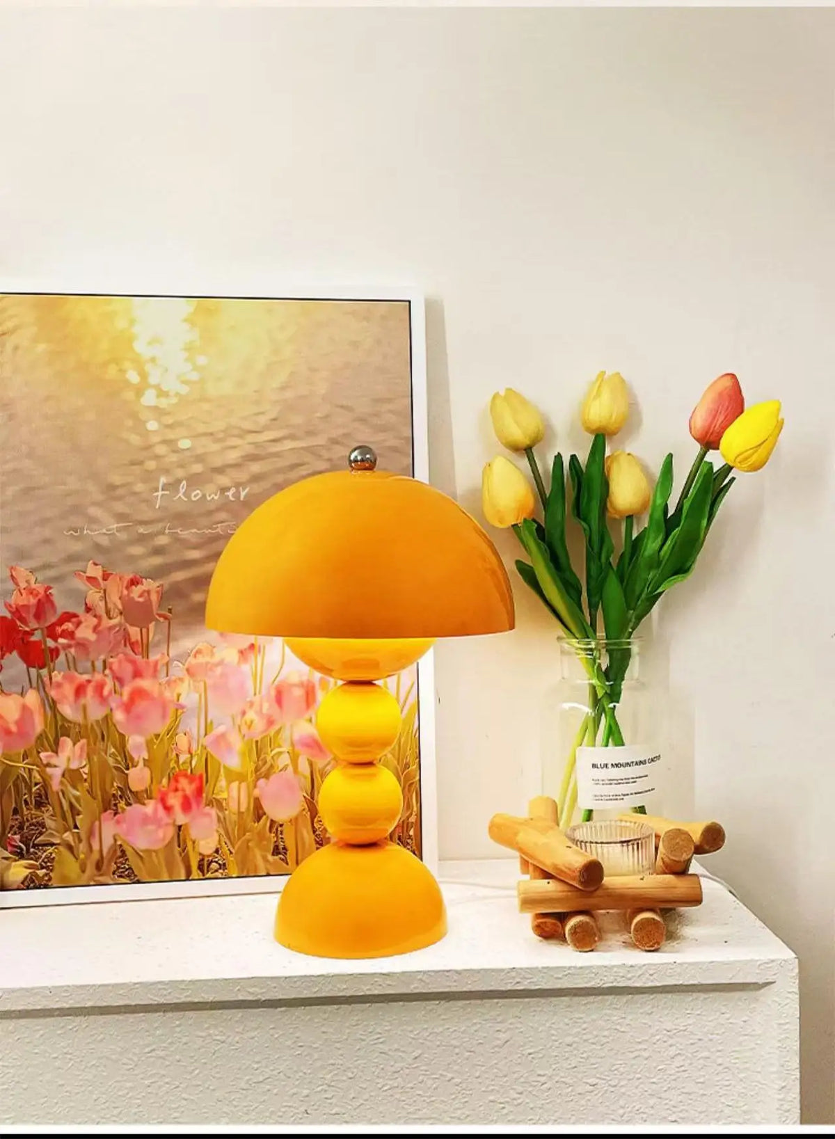 Lampe champignon sans fil, perles laquées, tactile – Monopoli, finition jaune