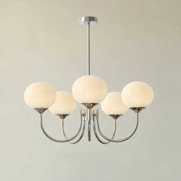 Suspension lustre à globes de verre, rose, crème ou blanc – Sèvres, finition chromé, 5 globes blancs