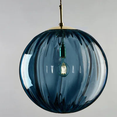 Suspension globe en verre côtelé coloré – Amalfi, finition bleu / Ø 20 cm