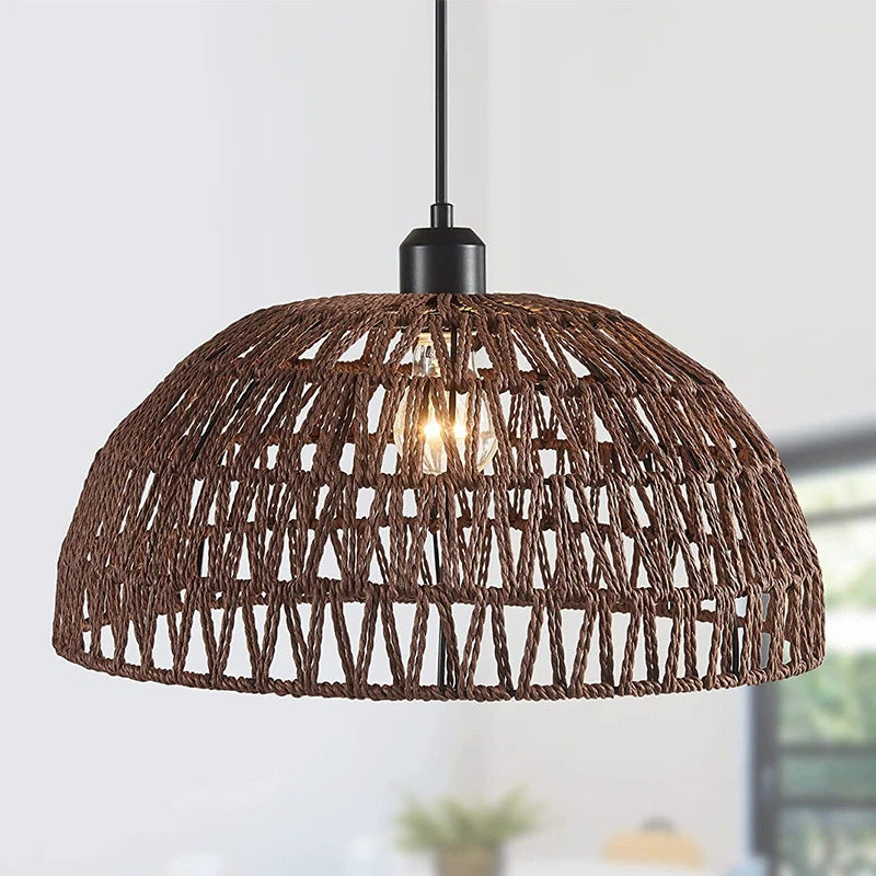 Suspension dôme en corde de chanvre tressée – Mino, finition café / Ø 30 × 16 cm / Sans ampoule