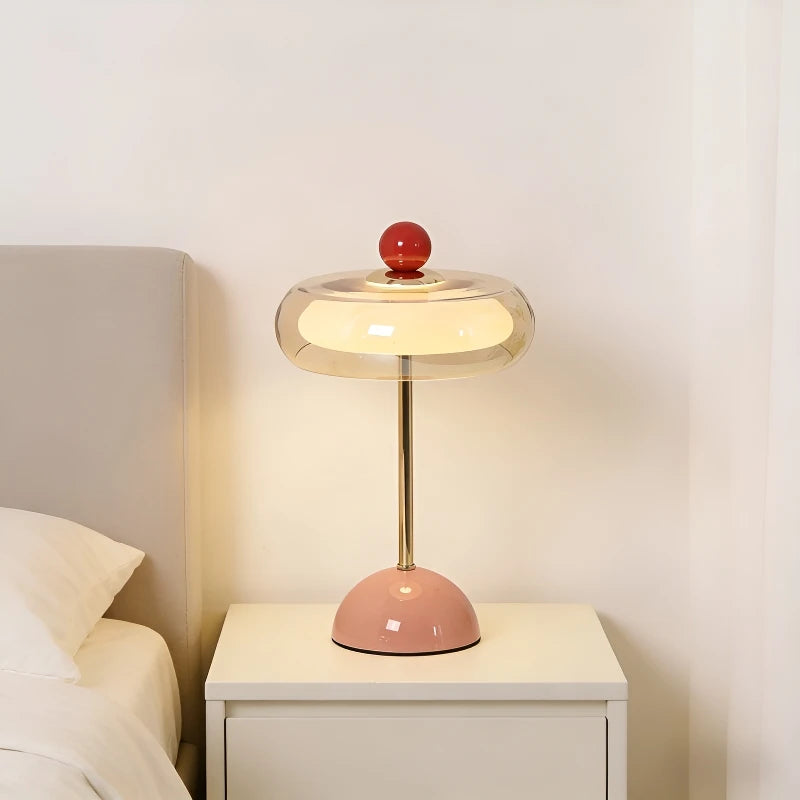 Lampe champignon en verre et pied laqué, sans fil – Ajaccio allumée