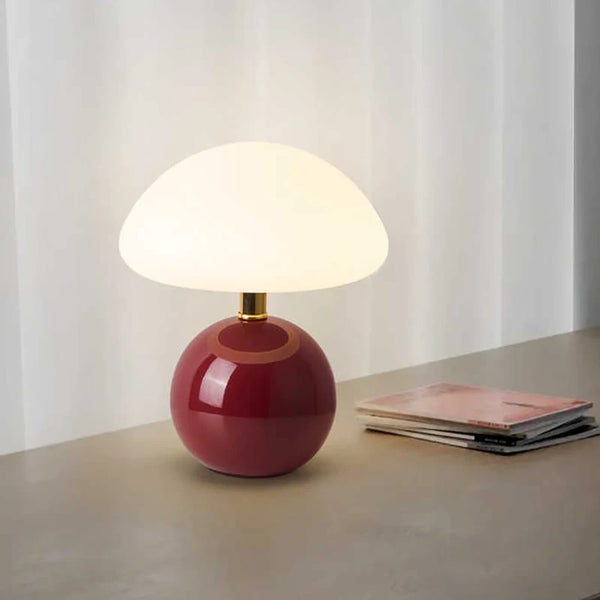 Lampe champignon, pied boule en céramique et verre opalin – Turenne