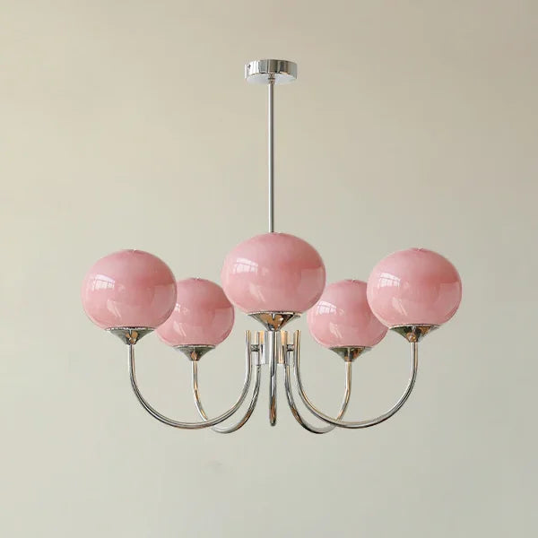 Suspension lustre à globes de verre, rose, crème ou blanc – Sèvres, finition chromé, 5 globes roses