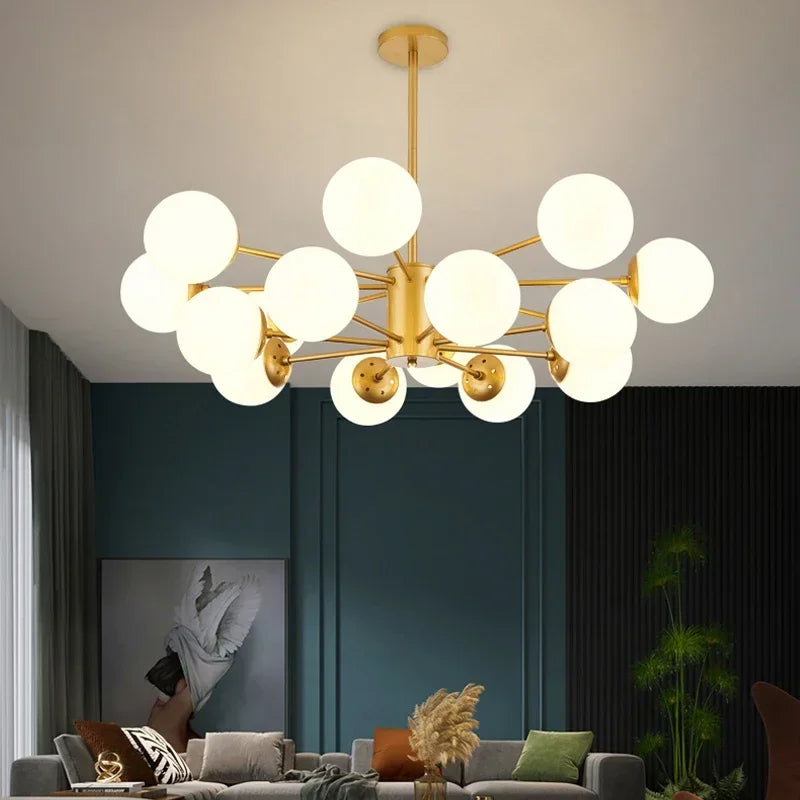Suspension lustre à globes opalins, noir ou doré – Opéra, vue d’ambiance