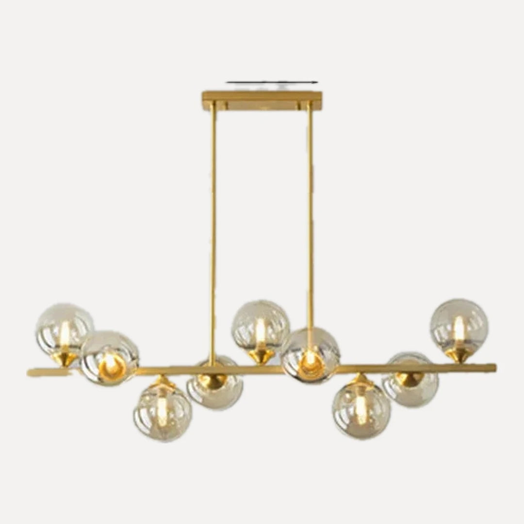 Vigny, ligne de globes de verre, gris ou ambré, 9 globes, verre ambré, 95 cm