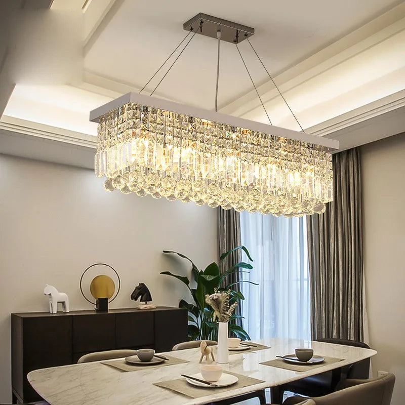 Suspension lustre rectangulaire en cristal – Concorde, finition argenté / L 80 × l 25 cm / Blanc chaud