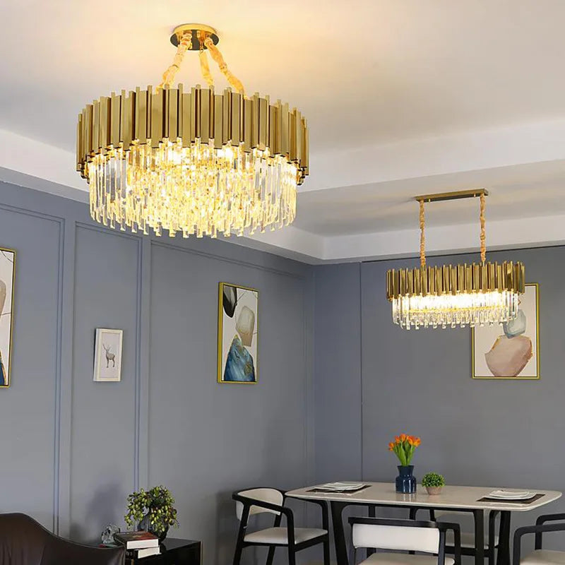 Lustre cristal et acier doré, Ø 40 ou 55 cm – Pompadour allumé