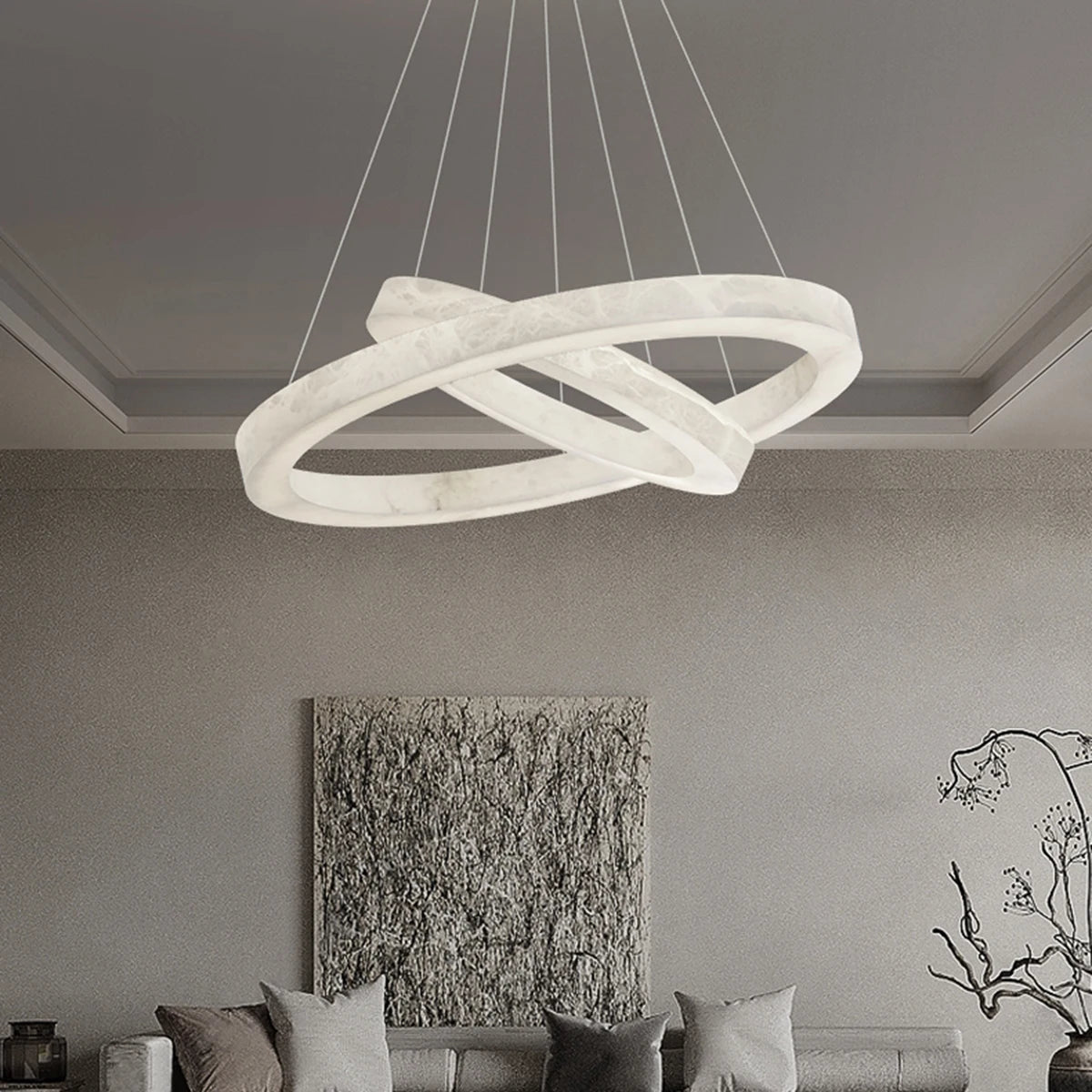 Suspension anneau effet albâtre, LED intégrée – Urbino dans un intérieur