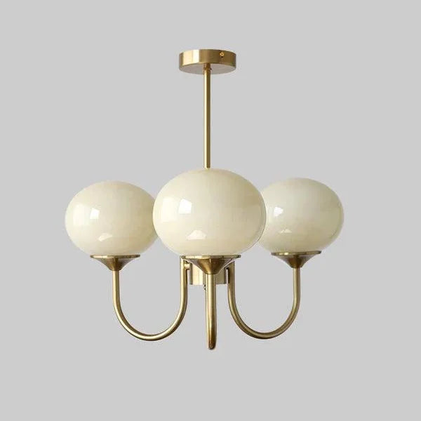 Suspension lustre à globes de verre, rose, crème ou blanc – Sèvres, finition doré, 3 globes crème