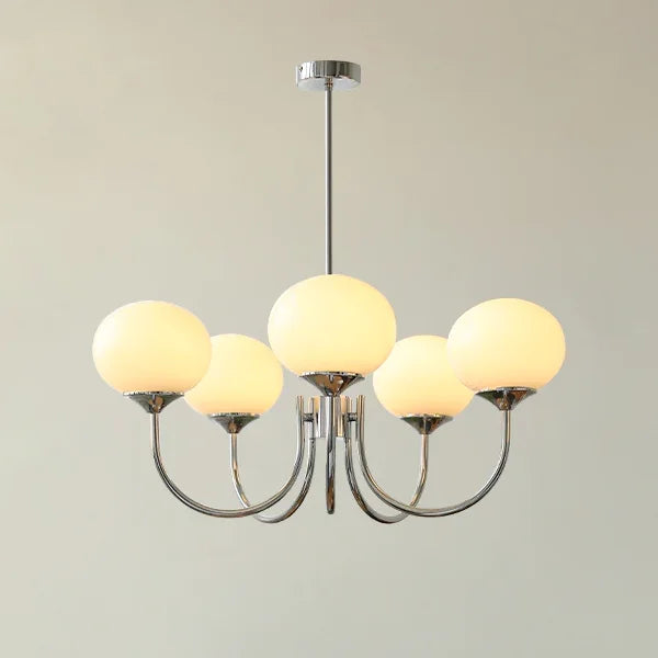 Suspension lustre à globes de verre, rose, crème ou blanc – Sèvres, finition chromé, 5 globes crème