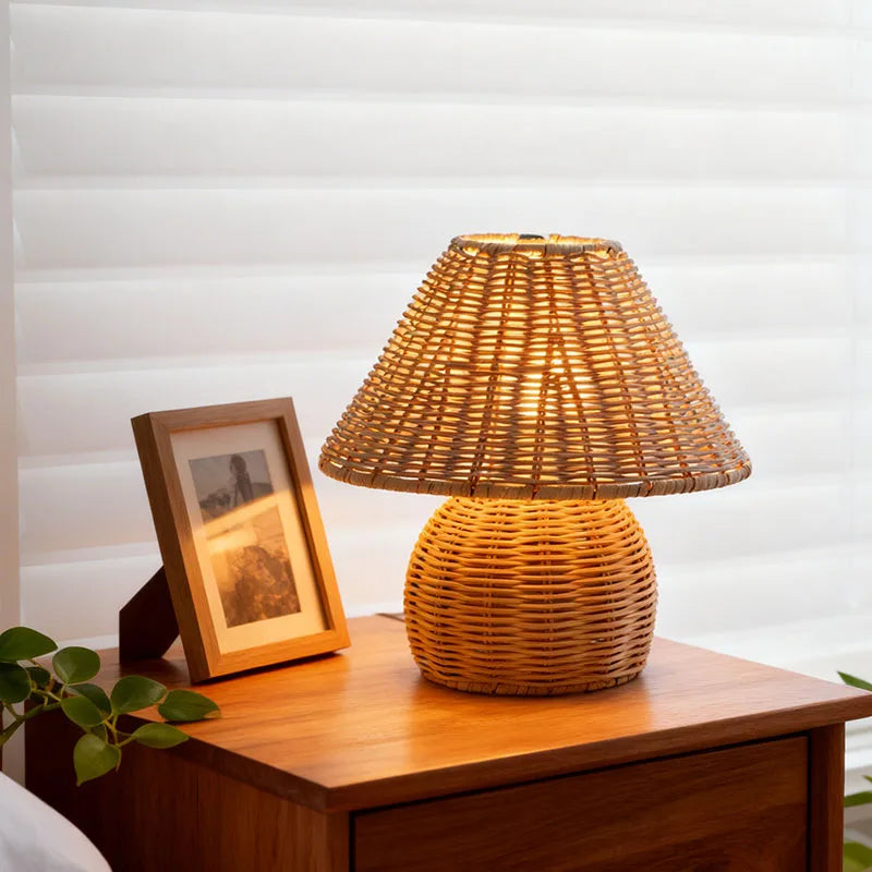 Lampe à poser en bambou tressé main, abat-jour conique – Chiran dans un intérieur