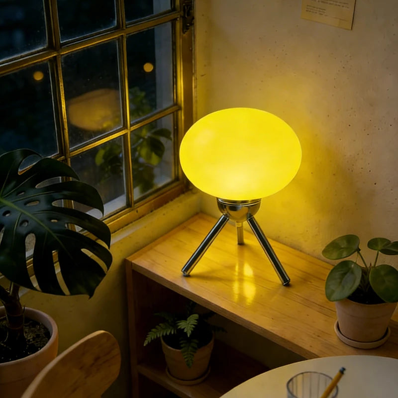 Lampe à poser globe de verre sur trépied chromé – Villefranche, vue d’ambiance
