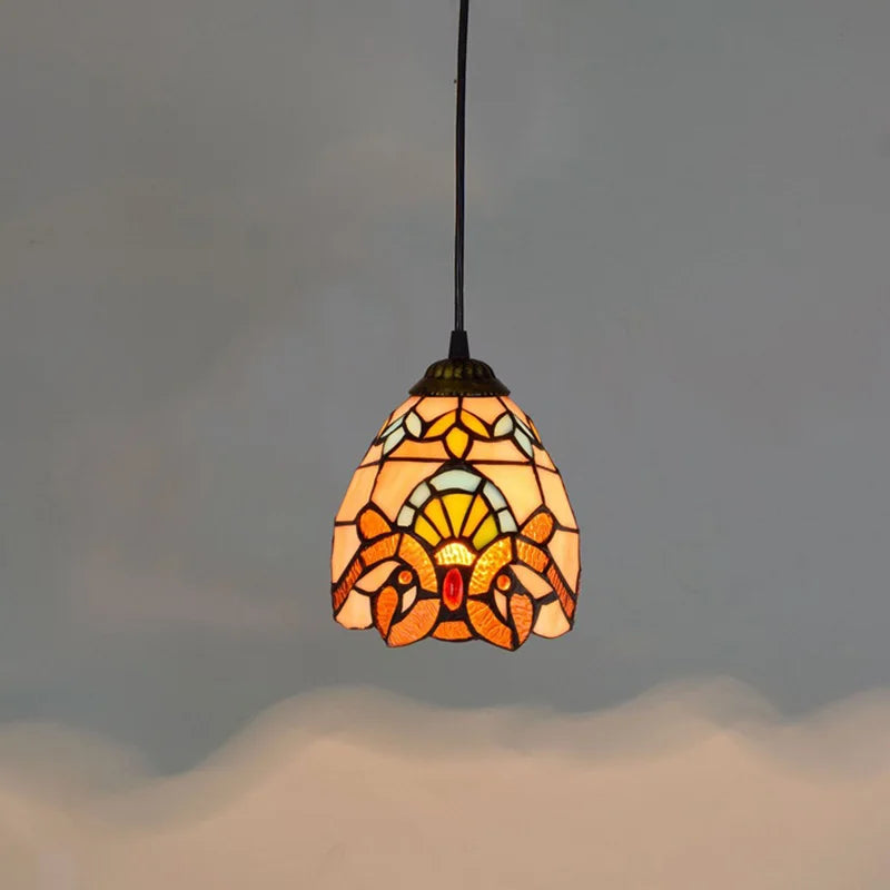 Suspension en verre vitrail coloré, style bohème – Céret, finition ornement orangé