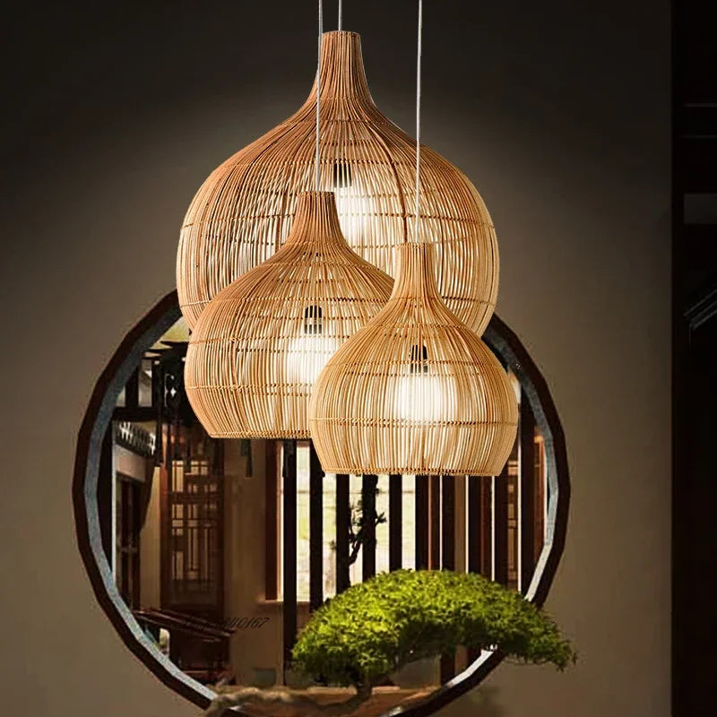Suspension gourde en rotin tressé, bohème – Mazan allumée