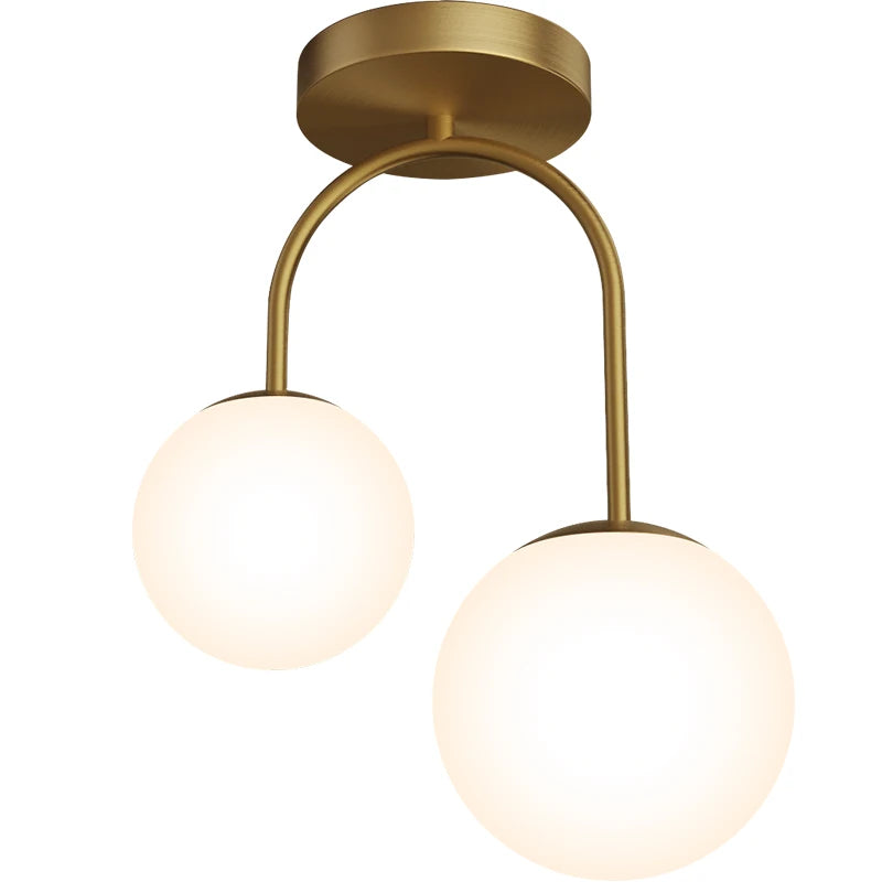 Plafonnier arceau en laiton et deux globes opalins – Passy, sur fond blanc