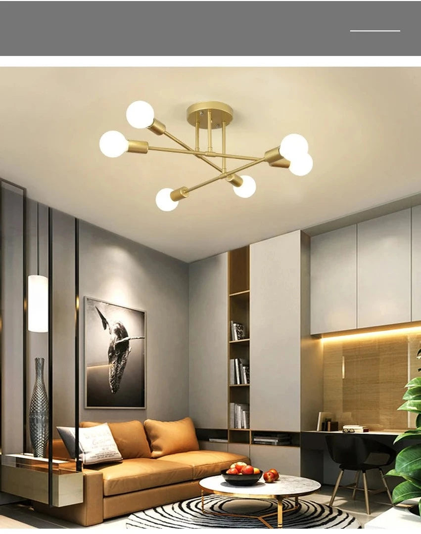 Plafonnier lustre 6 branches à globes opalins, E27 – Vaux, vue d’ambiance