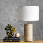 Lampe à poser pied en bois cérusé et abat-jour blanc – Barbizon, vue d’ambiance