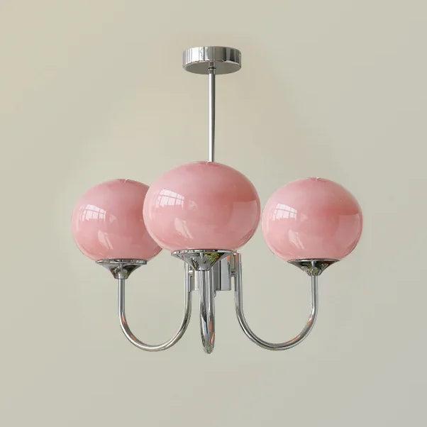 Suspension lustre à globes de verre, rose, crème ou blanc – Sèvres, finition chromé, 3 globes roses