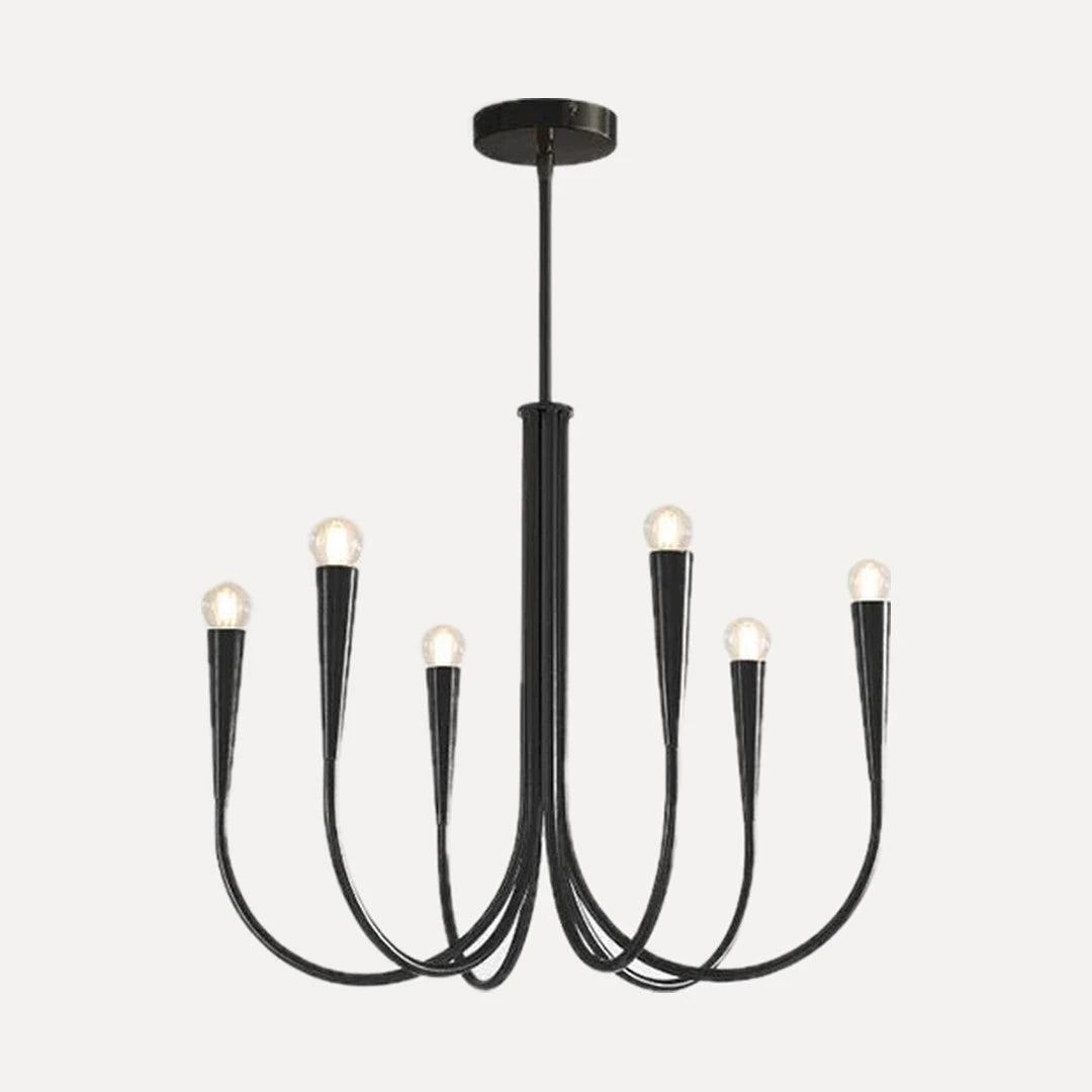 Commarin, bras recourbés et ampoules bougies, noir, rond, 6 lumières