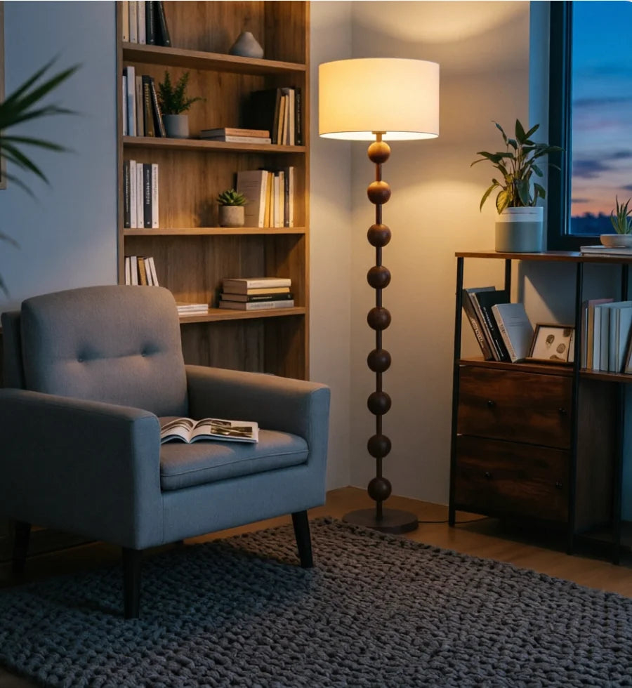 Lampadaire pied en perles de bois et abat-jour tambour – Lioux, vue d’ambiance