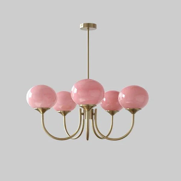 Suspension lustre à globes de verre, rose, crème ou blanc – Sèvres, finition doré, 5 globes roses