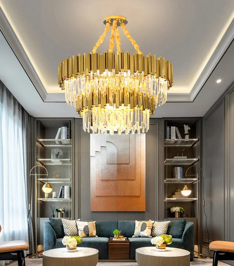 Lustre cristal et acier doré, Ø 40 ou 55 cm – Pompadour, vue d’ambiance