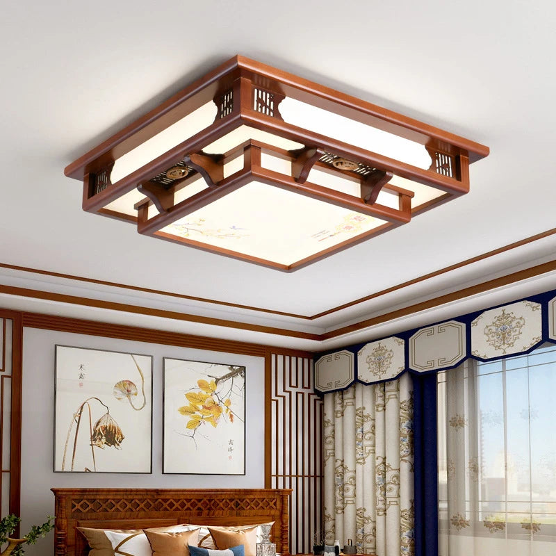 Plafonnier en bois massif ajouré, style japonais – Narai, vue d’ambiance