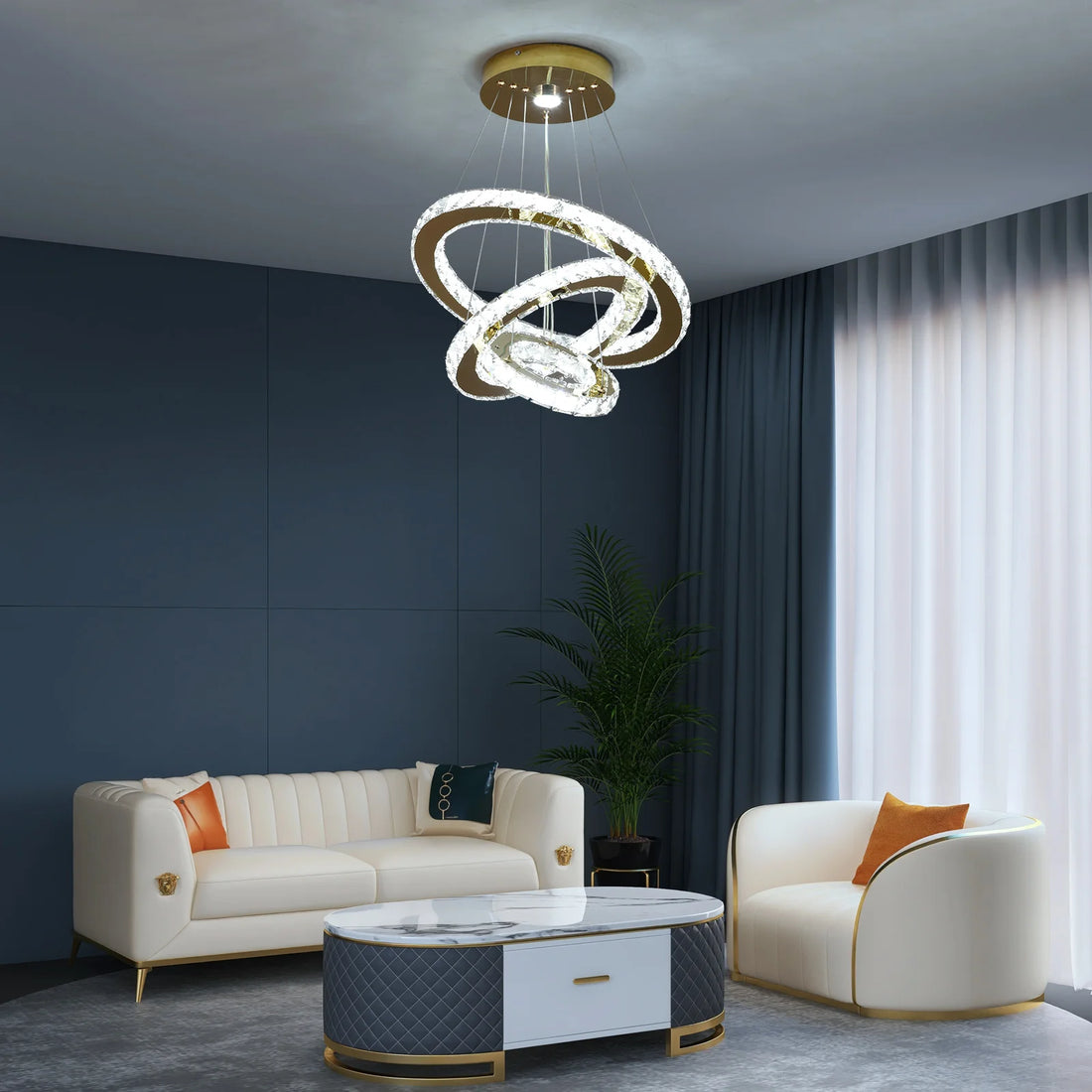 Suspension anneaux de cristal, LED intégrée – Vendôme dans un intérieur