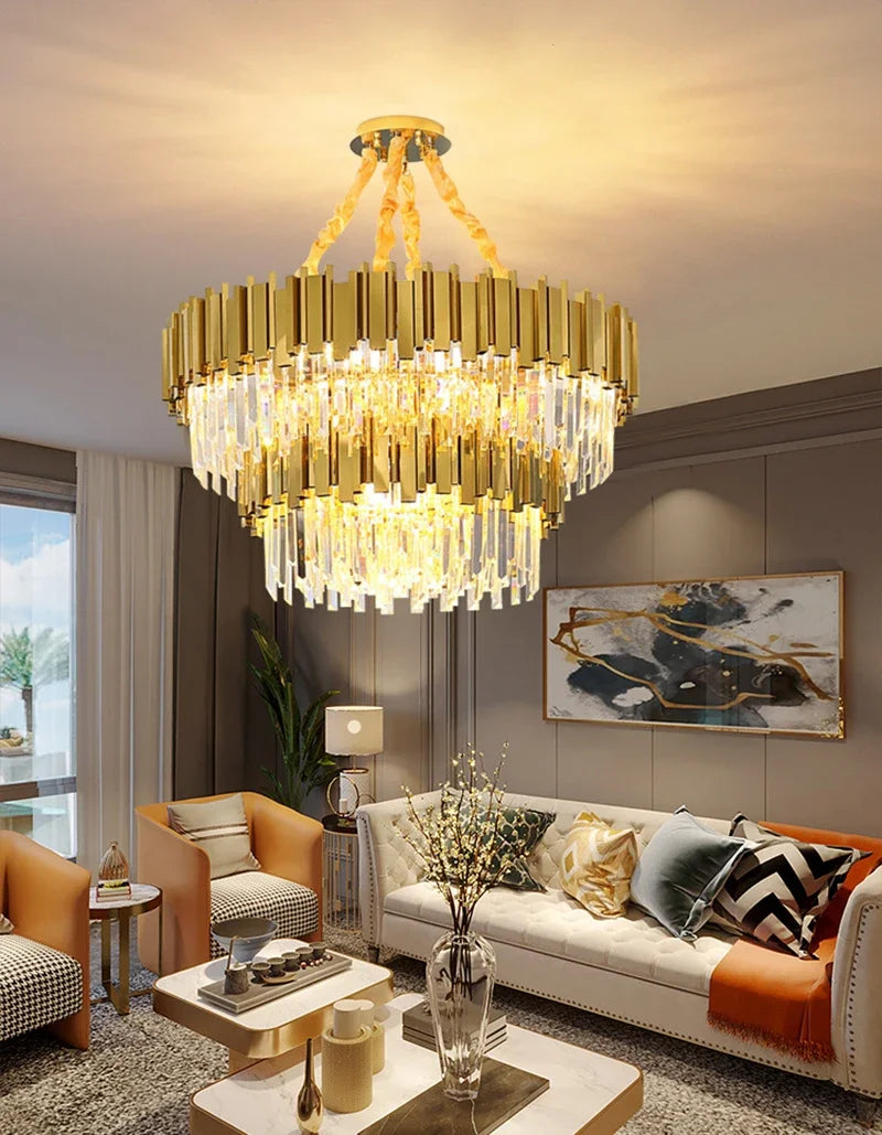 Lustre cristal et acier doré, Ø 40 ou 55 cm – Pompadour, vue d’ambiance