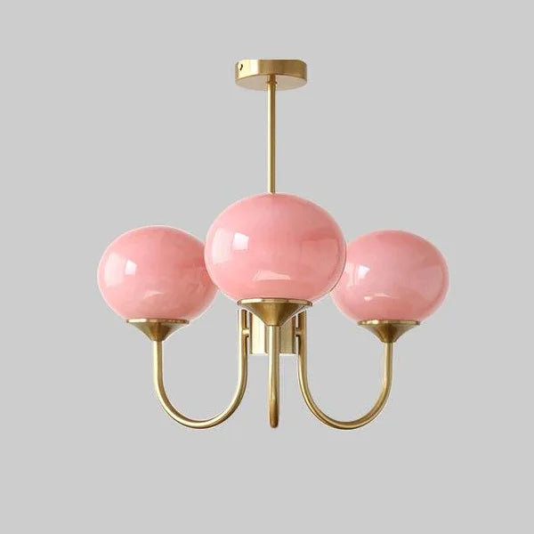 Suspension lustre à globes de verre, rose, crème ou blanc – Sèvres, finition doré, 3 globes roses