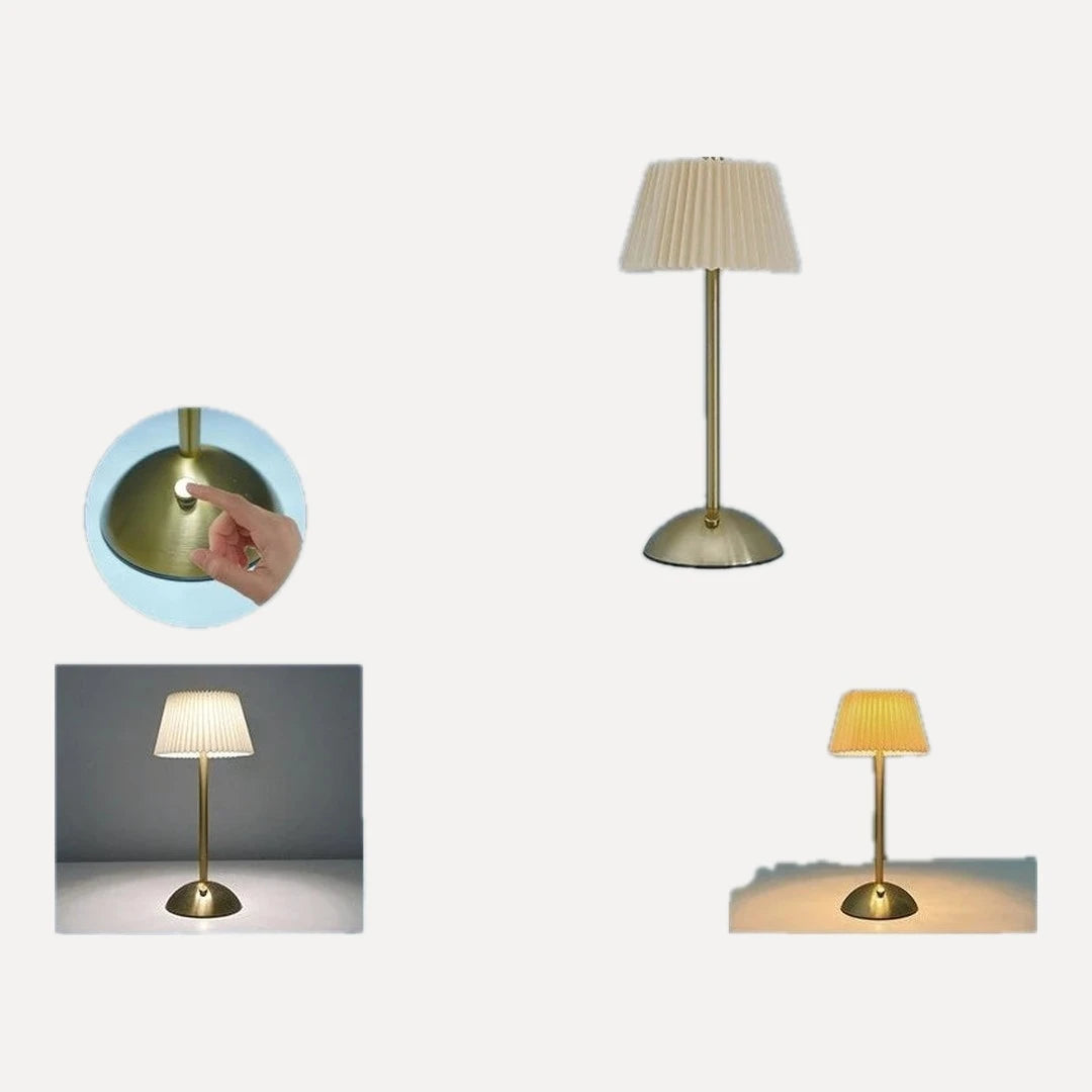 Lampe sans fil, abat-jour plissé uni ou fleuri, pied doré – Varigotti