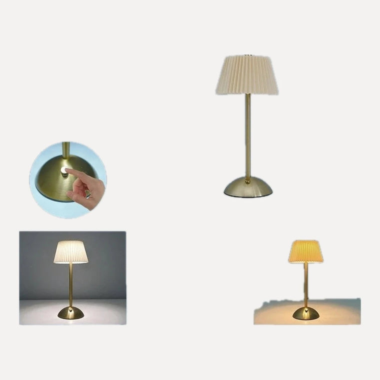 Lampe sans fil, abat-jour plissé uni ou fleuri, pied doré – Varigotti