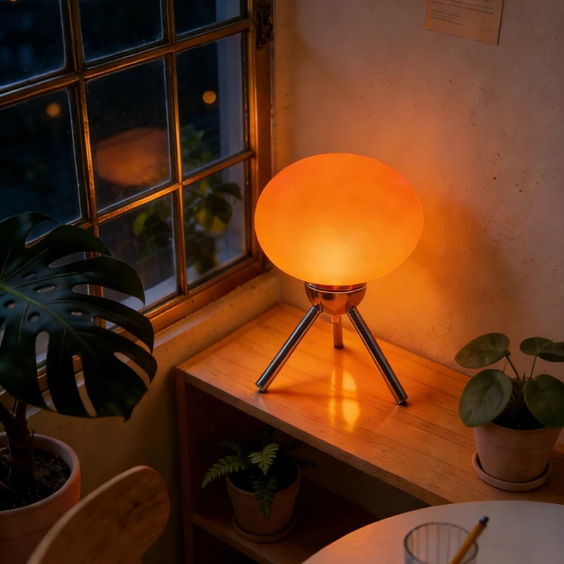 Lampe à poser globe de verre sur trépied chromé – Villefranche dans un intérieur