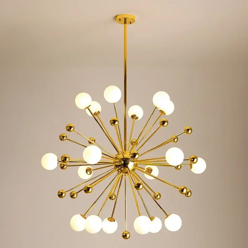 Lustre Spoutnik doré à globes opalins, 11 à 18 lumières – Sceaux allumé