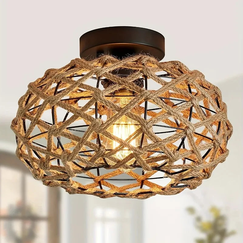 Plafonnier boule en corde de chanvre tressée – Èze allumé