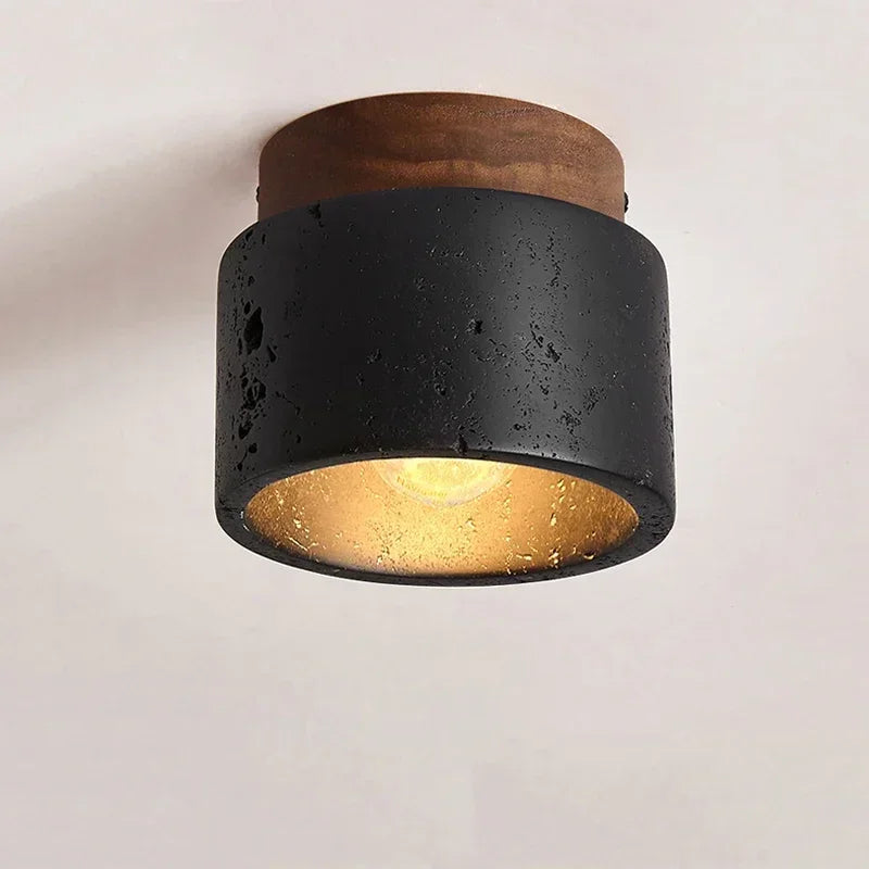 Plafonnier cylindre effet pierre de lave noire et noyer – Agde, sur fond clair