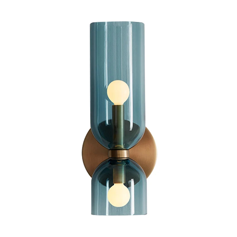 Applique double cylindre en verre, opalin, fumé ou bleu – Fécamp, sur fond blanc