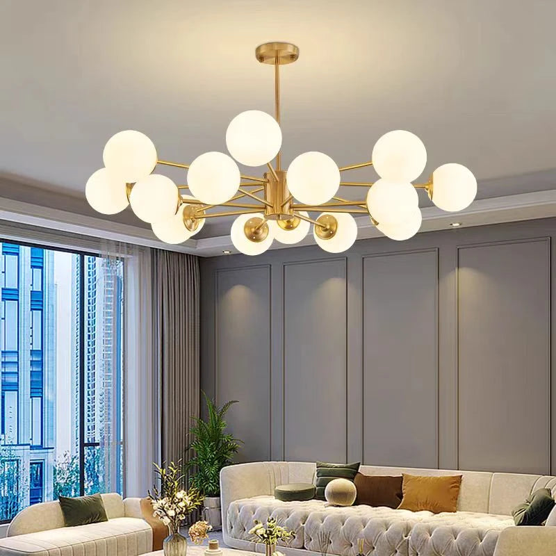 Suspension lustre à globes opalins, noir ou doré – Opéra allumée