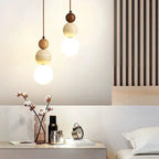 Suspension boule en pierre et bois, style wabi-sabi – Kinosaki, finition blanc chaud 3000 K / Noyer